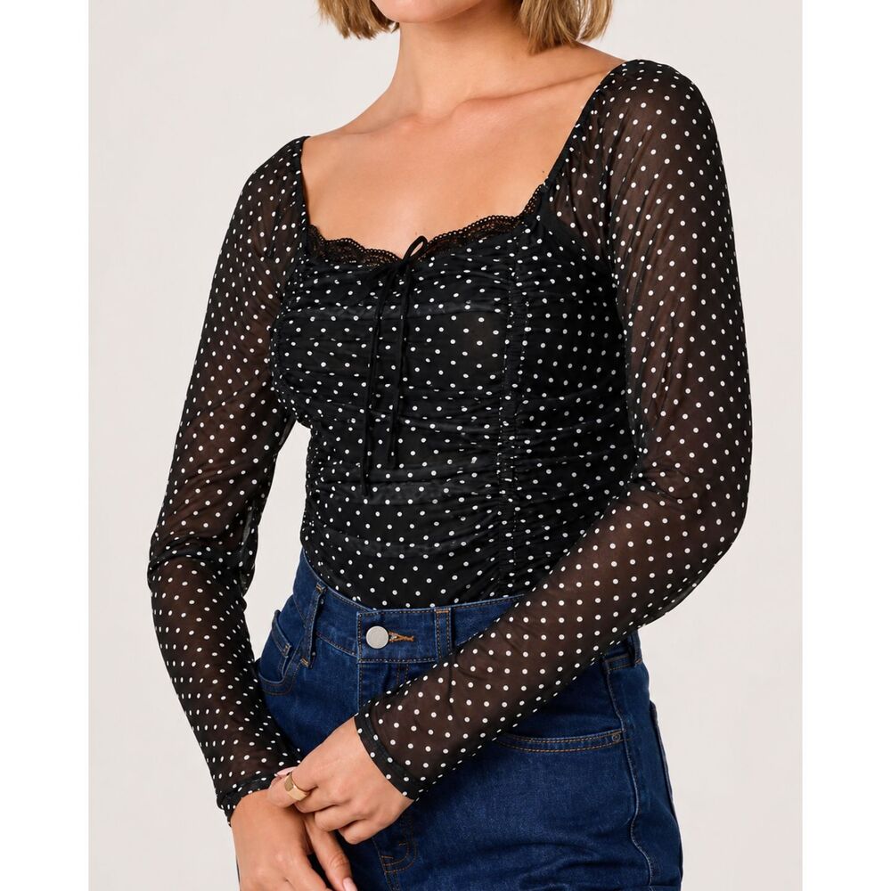 ASTR The Label Black Polka Dot Ruched Mesh Long Sleeve Top Size Small